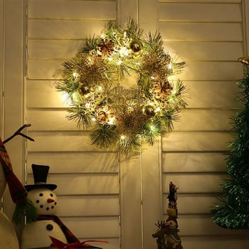 Декорации за дома за Коледа и Деня на благодарността 30CM симулирани борови иглички, шишарки и кръгла топка LED светлинни венци-81010R12
