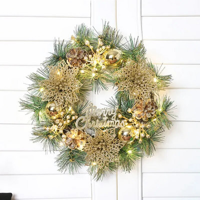 Διακοσμήσεις σπιτιού Χριστουγέννων και Ευχαριστιών 30 εκατοστών προσομοιωμένες πευκοβελόνες, κουκουνάρια και στρογγυλή μπάλα LED ελαφριά στεφάνια-81010R12