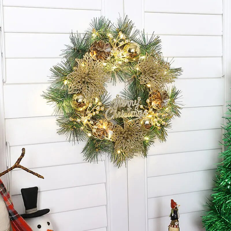 Διακοσμήσεις σπιτιού Χριστουγέννων και Ευχαριστιών 30 εκατοστών προσομοιωμένες πευκοβελόνες, κουκουνάρια και στρογγυλή μπάλα LED ελαφριά στεφάνια-81010R12