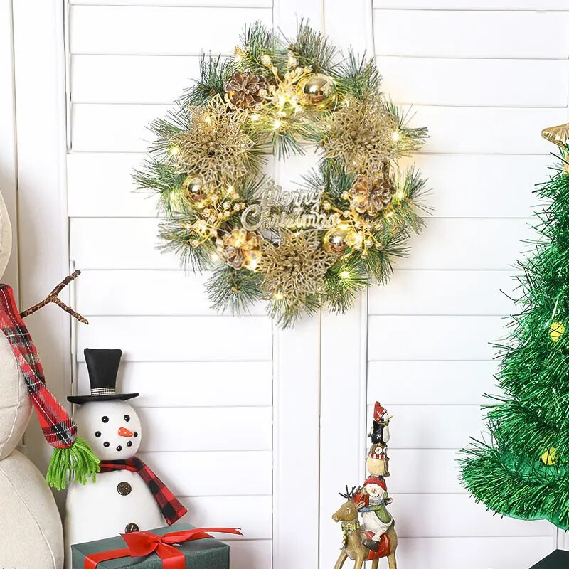 Διακοσμήσεις σπιτιού Χριστουγέννων και Ευχαριστιών 30 εκατοστών προσομοιωμένες πευκοβελόνες, κουκουνάρια και στρογγυλή μπάλα LED ελαφριά στεφάνια-81010R12