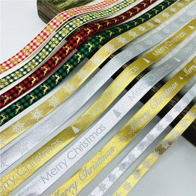 5yards/Lot 15mm Bronzing Christmas Ribbon Printing Grosgrain Ribbon For Handmade Bow Christmas Decorations DIY Gift Wrapping