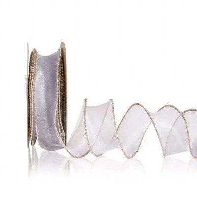 4 cm caurspīdīgas vadu organzas lentes ar Golden Edge modes lenti DIY dāvanu iesaiņošanai kāzu pušķu Ziemassvētku dekorēšanai