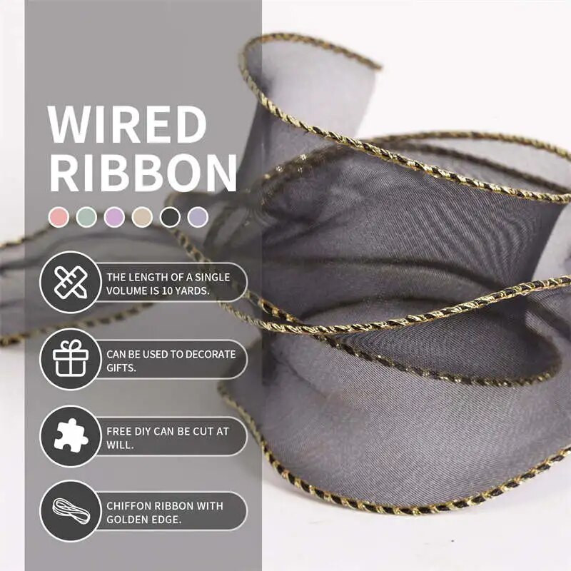 4 cm caurspīdīgas vadu organzas lentes ar Golden Edge modes lenti DIY dāvanu iesaiņošanai kāzu pušķu Ziemassvētku dekorēšanai