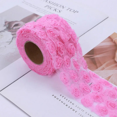 6 cm/8 cm x 1 jards 3D šifona rožu ziedu izšūts mežģīņu apdares lentes audums, šūšanas darbs kostīmu galvassegas cepures dekorēšanai