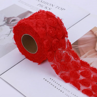 6 cm/8 cm x 1 jards 3D šifona rožu ziedu izšūts mežģīņu apdares lentes audums, šūšanas darbs kostīmu galvassegas cepures dekorēšanai