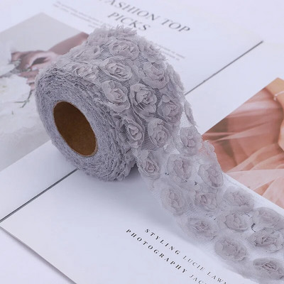 6 cm/8 cm x 1 jards 3D šifona rožu ziedu izšūts mežģīņu apdares lentes audums, šūšanas darbs kostīmu galvassegas cepures dekorēšanai