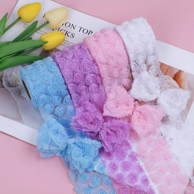 6 cm/8 cm x 1 jards 3D šifona rožu ziedu izšūts mežģīņu apdares lentes audums, šūšanas darbs kostīmu galvassegas cepures dekorēšanai