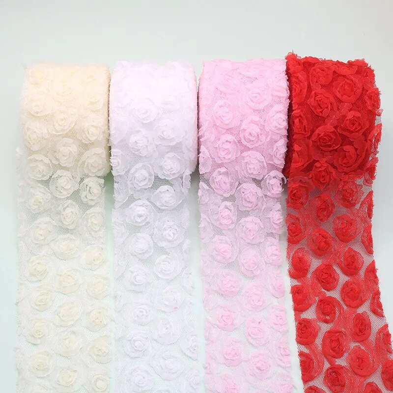 6 cm/8 cm x 1 jards 3D šifona rožu ziedu izšūts mežģīņu apdares lentes audums, šūšanas darbs kostīmu galvassegas cepures dekorēšanai