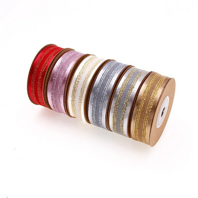10 Yards/Roll 20mm Bilateral Satin Ribbon with Gold Sliver Edge Jacquard Organza Ribbons for Wedding Decoration Gift Wrapping