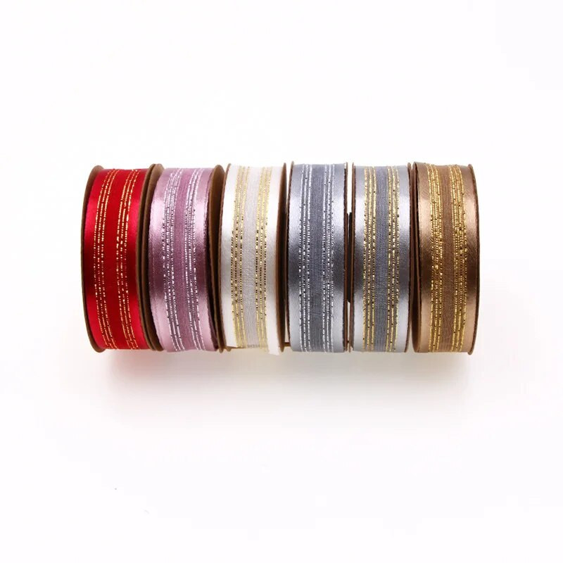 10 jardi/rullī 20 mm divpusēja satīna lente ar zelta malu žakarda organzas lentes kāzu dekorēšanai dāvanu iesaiņošanai