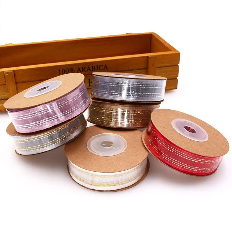 10 jardi/rullī 20 mm divpusēja satīna lente ar zelta malu žakarda organzas lentes kāzu dekorēšanai dāvanu iesaiņošanai