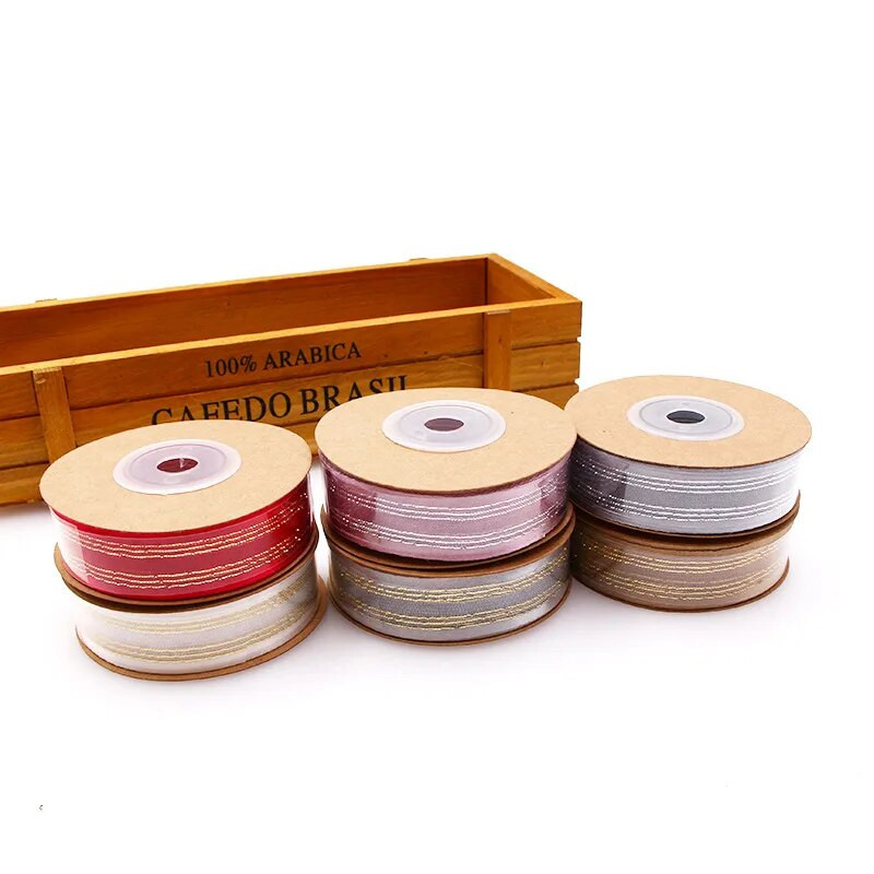 10 jardi/rullī 20 mm divpusēja satīna lente ar zelta malu žakarda organzas lentes kāzu dekorēšanai dāvanu iesaiņošanai