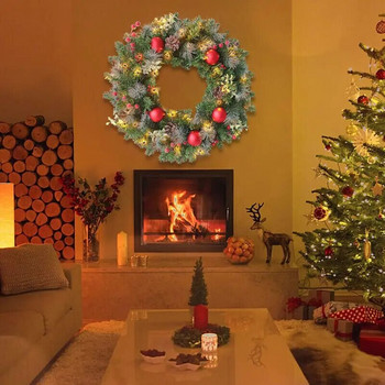 Led Коледен венец 40 см. Изкуствена борова шишарка Гирлянда от червени горски плодове Висящи орнаменти Декорации за стена на предната врата Коледно дърво Венец