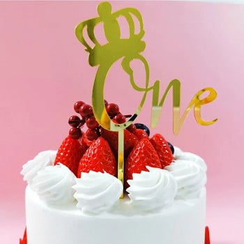 2023 New One Cake Topper Wooden One Baby Cake Topper Акрилен златен топер за дете 1-ви рожден ден Декорации за торта Baby Shower