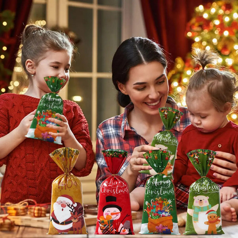 25/50/100бр. Коледни торбички с бонбони Коледна украса 2023 г. Торбичка с подаръци за Дядо Коледа Navidad Коледни торбички с подаръци Торбичка за опаковане на коледни бисквитки