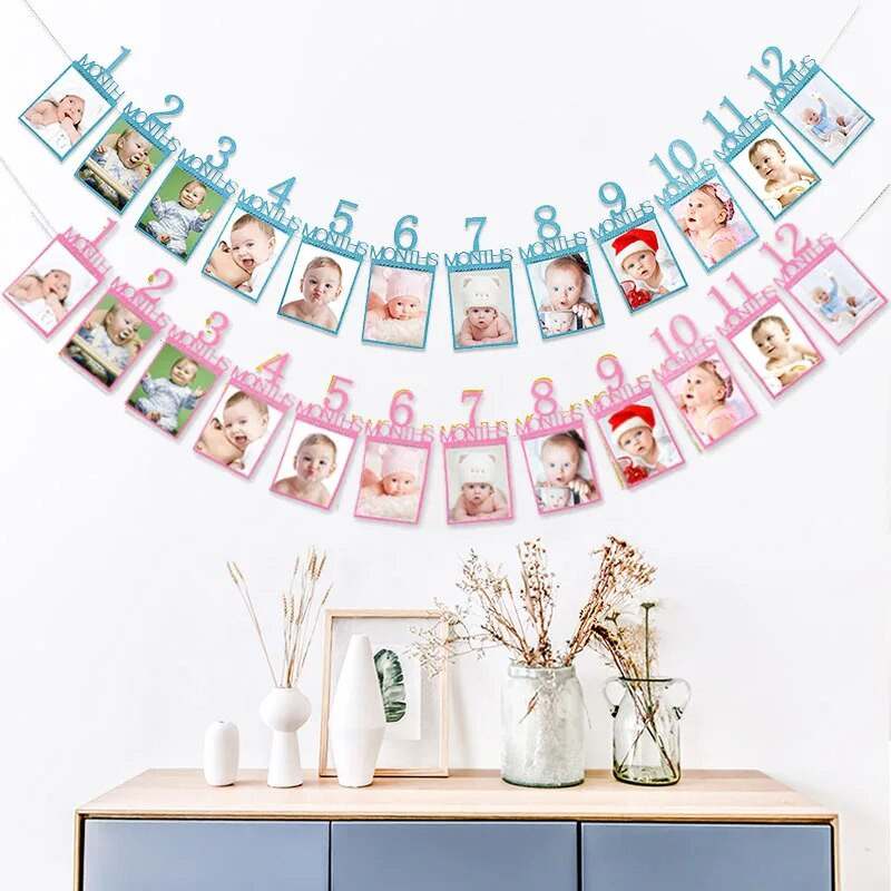 12 mėnesių nuotraukų rėmelių reklamjuostė Su gimtadieniu Papuošimas Pirmajam berniukui Mergaičių vakarėliui Popierius Girliandas Kūdikiui Mano 1-ųjų vienerių metų kopūstų reikmenys