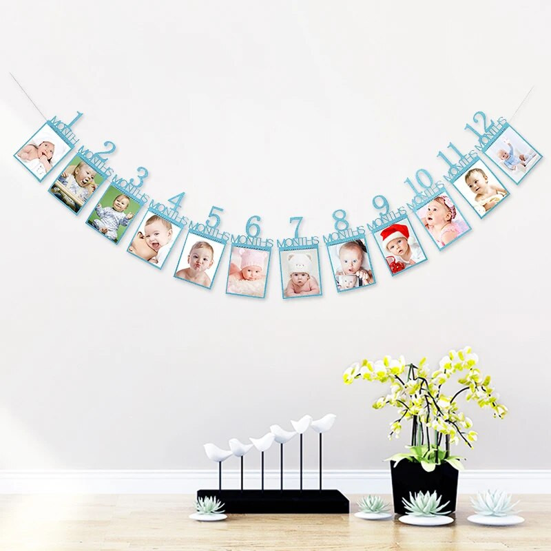 12 mėnesių nuotraukų rėmelių reklamjuostė Su gimtadieniu Papuošimas Pirmajam berniukui Mergaičių vakarėliui Popierius Girliandas Kūdikiui Mano 1-ųjų vienerių metų kopūstų reikmenys