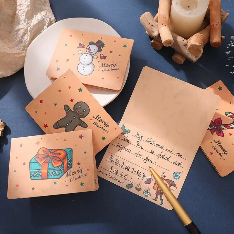 6/9Kalėdinių sveikinimo atvirukų rinkinys Kalėdų Senelio Sniego senelio palaiminimai Pusiau sulankstyti dovanų atvirukai Vokai su lipdukais Kalėdų puošmena