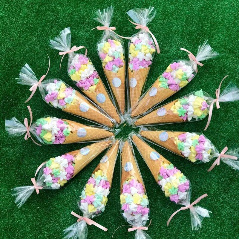 50 vnt./stal. Skaidrūs kūgiai saldainių laikymo maišeliai Kūgiai permatomas plastikinis maišelis Popcorn saldainių maišeliai, skirti kūdikių vakarėliui Vestuvių vakarėliui.