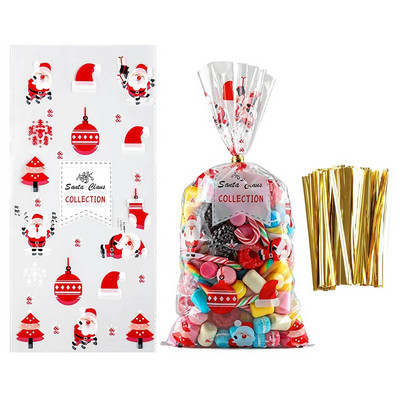 50 vnt Kalėdų celofaniniai skanėstų maišeliai su susukamaisiais kaklaraiščiais Kalėdų Senelio saldainių maišeliai Kalėdų dovanų maišeliai gėrybėms pakuoti vakarėlio reikmenims