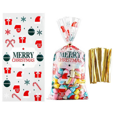 50 vnt Kalėdų celofaniniai skanėstų maišeliai su susukamaisiais kaklaraiščiais Kalėdų Senelio saldainių maišeliai Kalėdų dovanų maišeliai gėrybėms pakuoti vakarėlio reikmenims