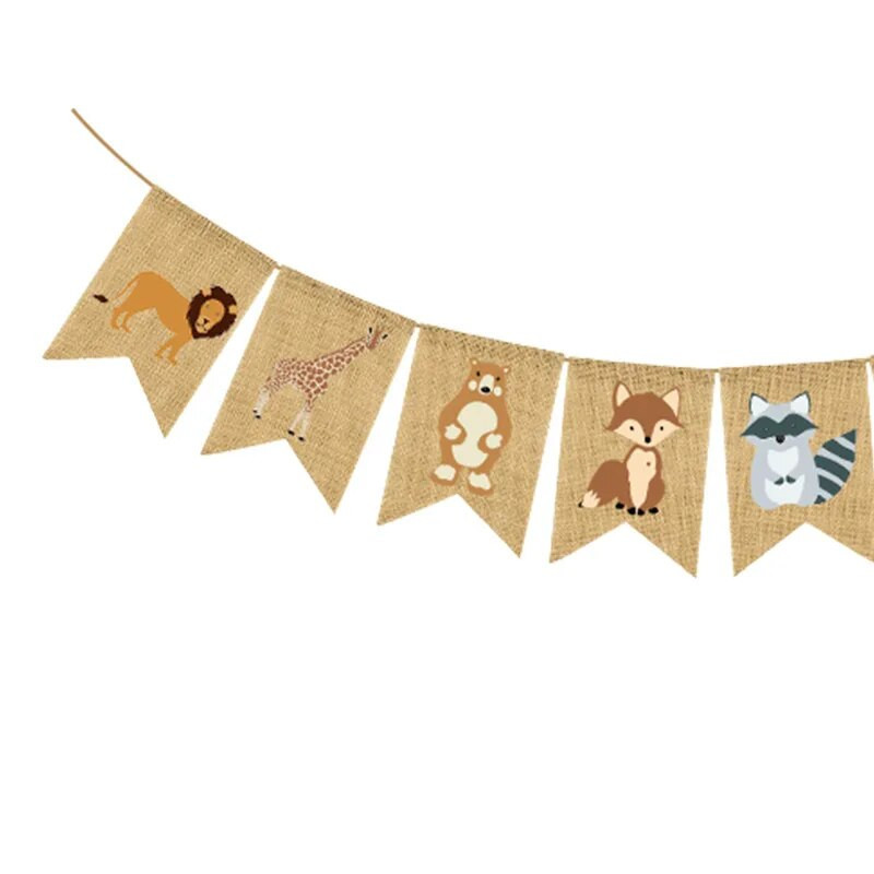 Vaikų miško gyvūnų vakarėlis, girlianda, žirafa liūtas, zebras, safaris, gyvūnų reklamjuostės dekoravimas meškos vėliava