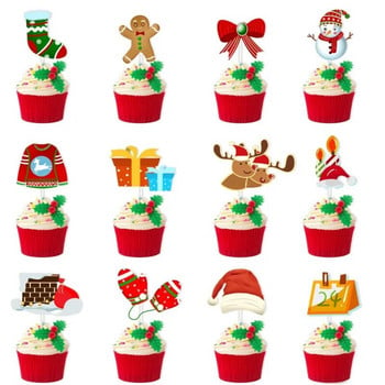 12Pcs Cartoon Christmas Cake Topper Santa Claus Xmas Tree Cupcake Topper for New Year Party Xmas Cake Decoration Noel Navidad