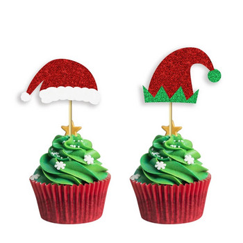 12 бр. Коледна елфска шапка Cupcake Toppers Блестяща шапка на Дядо Коледа Elf Cupcake Picks Winter Merry Christmas Theme Party Cake Decorations