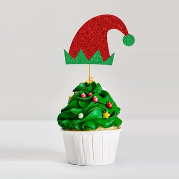 12 бр. Коледна елфска шапка Cupcake Toppers Блестяща шапка на Дядо Коледа Elf Cupcake Picks Winter Merry Christmas Theme Party Cake Decorations