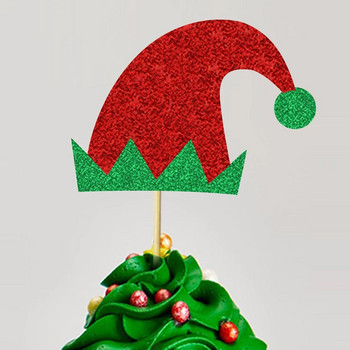 12 бр. Коледна елфска шапка Cupcake Toppers Блестяща шапка на Дядо Коледа Elf Cupcake Picks Winter Merry Christmas Theme Party Cake Decorations