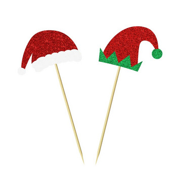 12 бр. Коледна елфска шапка Cupcake Toppers Блестяща шапка на Дядо Коледа Elf Cupcake Picks Winter Merry Christmas Theme Party Cake Decorations