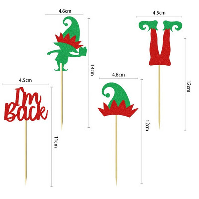 12 vnt. Kalėdų elfų kepuraitės keksų papuošimai Blizgantys Kalėdų Senelio kepurė Elfų keksiukų rinkiniai Žiemos linksmų Kalėdų teminiai vakarėlio tortų papuošimai
