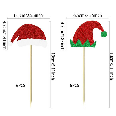 12 vnt. Kalėdų elfų kepuraitės keksų papuošimai Blizgantys Kalėdų Senelio kepurė Elfų keksiukų rinkiniai Žiemos linksmų Kalėdų teminiai vakarėlio tortų papuošimai