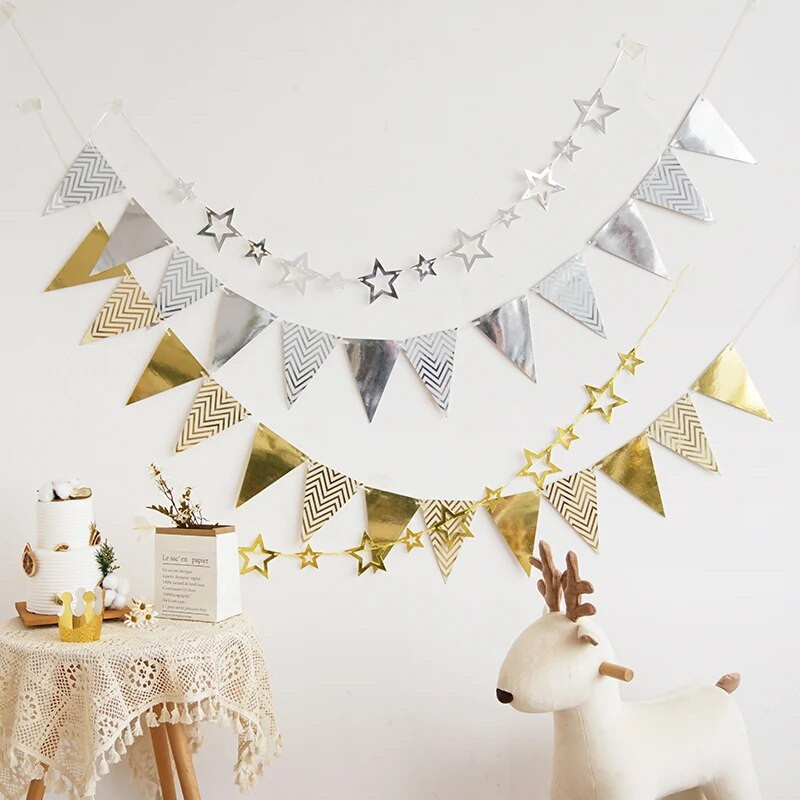 INS Vestuvių fonai Dekoracijos Vaikų gimtadienio vakarėlis Mėlynas rožinis popierinis vėliavėlė Kūdikių dušas Auksinė girlianda