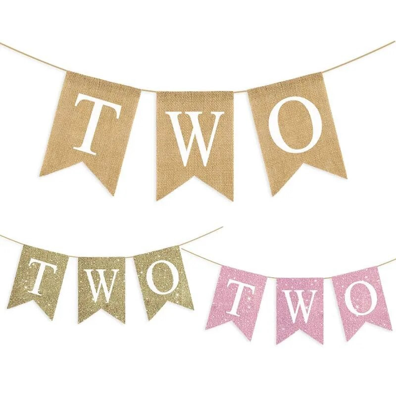 Vaikų gimtadienio segtukas su dviem vėliavėlėmis, 2-oji mergaitės princesės vakarėlis, rožinė reklamjuostė berniukui auksinė girlianda, fonas