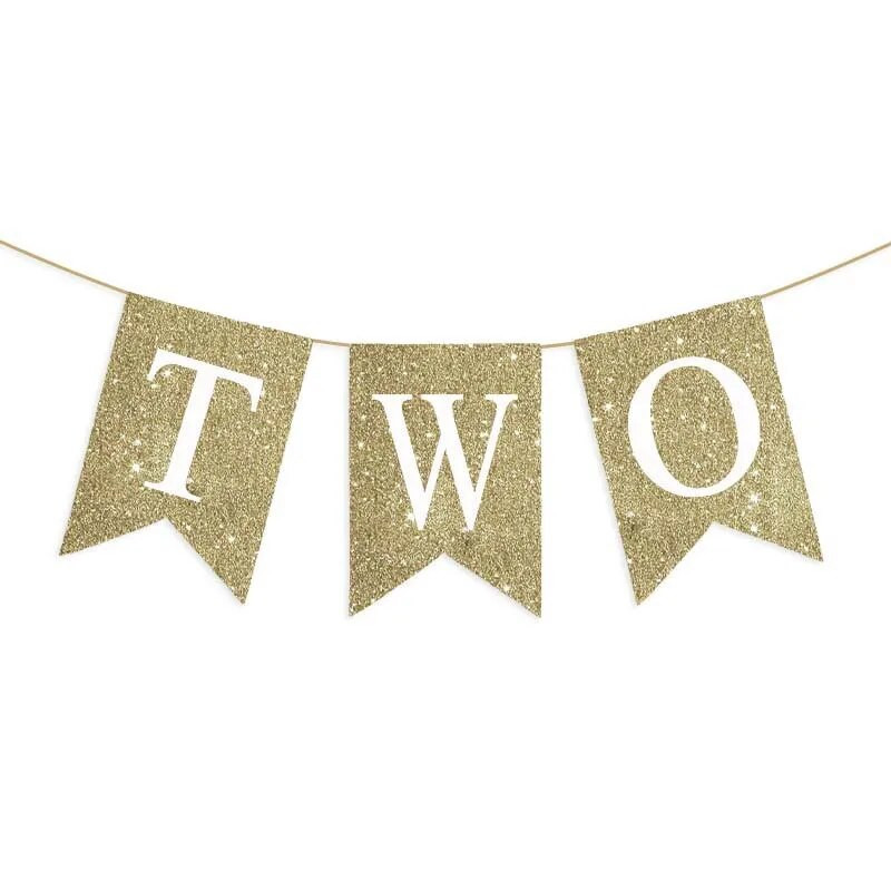 Vaikų gimtadienio segtukas su dviem vėliavėlėmis, 2-oji mergaitės princesės vakarėlis, rožinė reklamjuostė berniukui auksinė girlianda, fonas