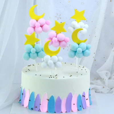 1PC Stars moon Soft Pompom Cloud Topper Topper Happy Birthday Party DIY Cake Top Flags Decoration For Cake Topper Festival Supplie