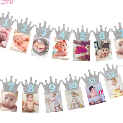 Mazuļa 1. dzimšanas dienas reklāmkarogs Karogs Ikmēneša 1 gads vītnes vītne Baby Shower zēns meitene pirmais daudz laimes dzimšanas dienā ballītes dekorācijas bērniem