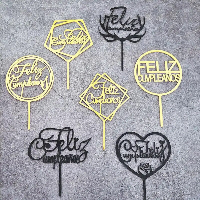 Ispaniškas Happy Birthday torto apmušalas akrilinis Auksinis juodas berniuko mergaičių gimtadienio torto apmušalas Kūdikių vakarėlio desertų dekoravimui