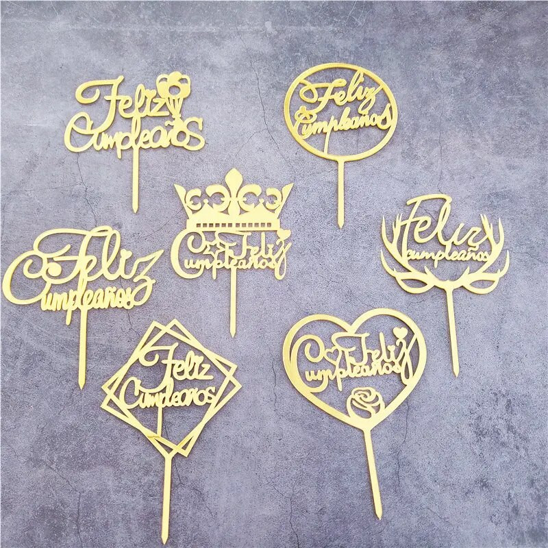 Ispaniškas Happy Birthday torto apmušalas akrilinis Auksinis juodas berniuko mergaičių gimtadienio torto apmušalas Kūdikių vakarėlio desertų dekoravimui