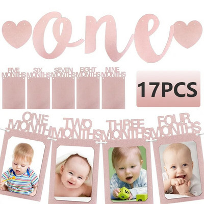 Nou-născut 13 Rame Foto Banner Hârtie cu sclipici Rose Gold ONE Love Banner Rama Foto One 1st Happy Baby Girl Decor petrecere de aniversare