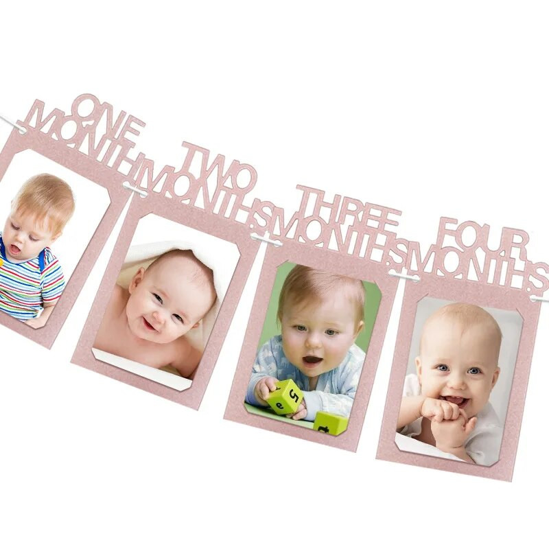 Naujagimio 13 nuotraukų rėmelių reklamjuostė Blizganti popierinė rožinė auksinė ONE Meilė nuotraukų rėmelis 1 reklamjuostė 1-ojo laimingo kūdikio gimtadienio vakarėlio dekoras