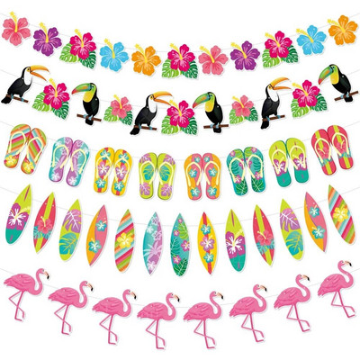 Banner de decor hawaian Ghirlande de vară pentru plajă, floare, flamingo, pasăre, ghirlande de hârtie pentru ziua de naștere, banner de petrecere fericit Aloha Luau