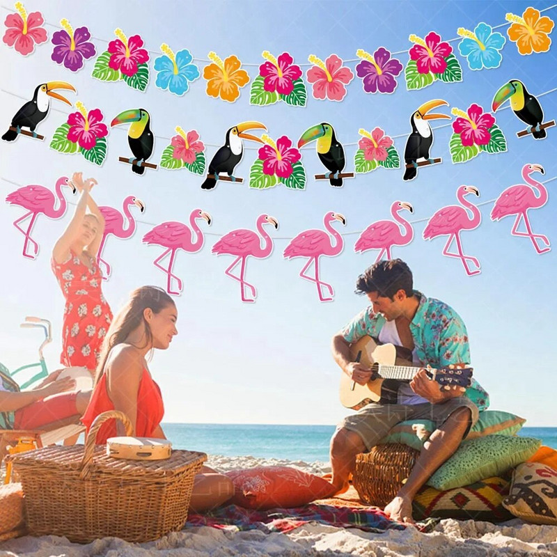 Havajų dekoravimo reklamjuostė Vasaros paplūdimio girliandos Flamingo Gėlių Gėlių paukščio Gimtadienio Popierinė girlianda Linksmos Aloha Luau vakarėlio reklamjuostė