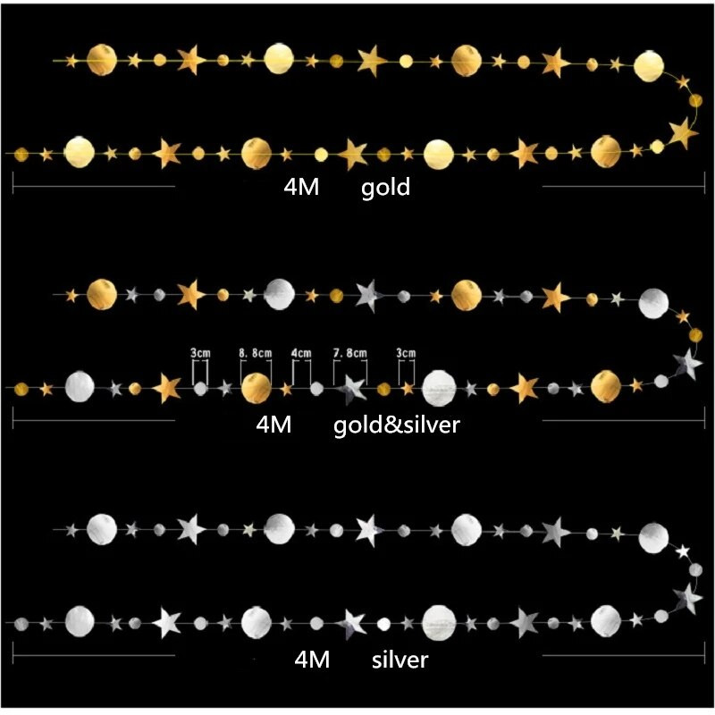 4M blizgantis popierius, juodas auksas, mirguliuojantis mažos žvaigždės ratas, vakarėlis girlianda Streamer reklamjuostė Vestuvių gimtadienio kūdikio dušo EID dekoracija