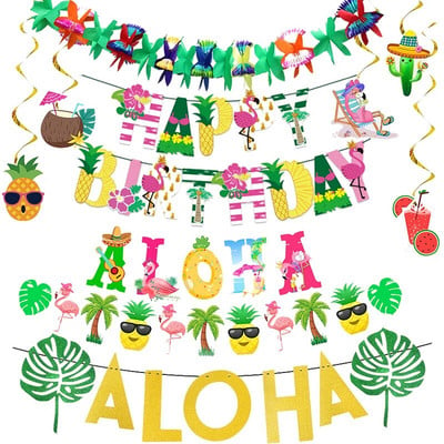 Banner de la mulți ani din Hawaii, frunze de palmier, petrecere de vară, luau, aloha, accesorii pentru petrecere, decorațiuni pentru petreceri tropicale hawaiene