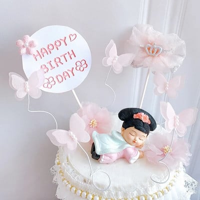 Rózsaszín kék "Pearl Butterfly" Születésnapi torta teteje Esküvői Menyasszonyi Desszert Desszert Dísz Születésnapi Party Cupcake topperek Szép ajándékok