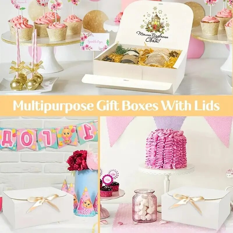 3 vnt. didelė balta „viskas viename“ dovanų kartoninė dėžutė su juostele, puikiai tinkanti vestuvių vakarėliui gimtadienio šventės saldainių sausainių laikymui