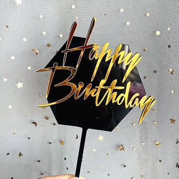 Двуслоен акрилен топер за торта Букви от черно и бяло злато Честит рожден ден Торти за торта сватбена/парти за рожден ден декорация на торта