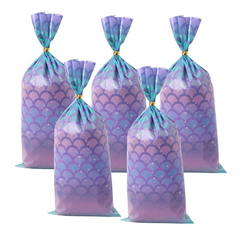25/50 vnt. undinės uodegos saldainių maišeliai Tarnaitės svarstyklės plastikiniai maišeliai vaikams undinės gimtadienio vakarėliui, vestuvių purpurinių saldainių pakuotė